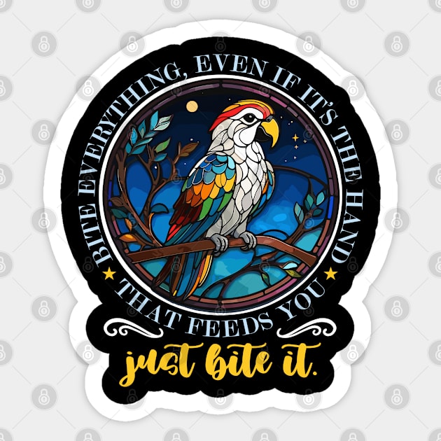 Parrot Bite Everything Even If It's Ornithologist Sticker by T-Shirt.CONCEPTS